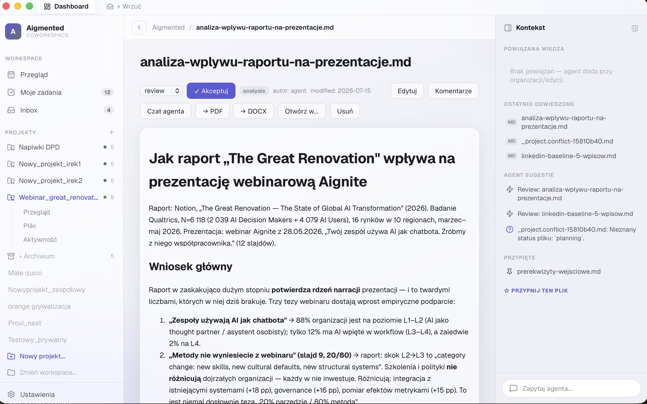 Okno aplikacji Aigmented na macOS — dokument wiedzy z panelem kontekstu i sugestiami agenta