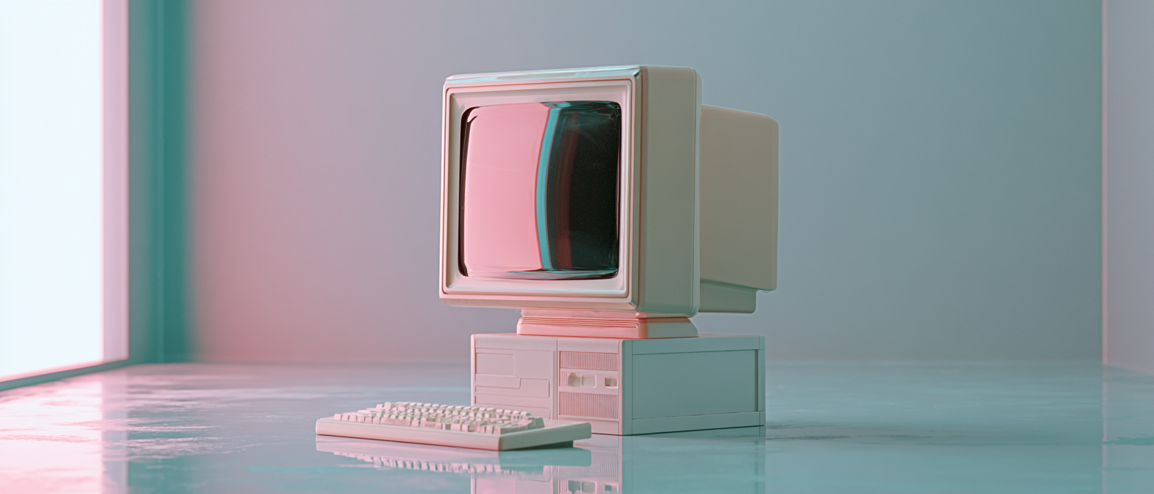 Pojedynczy retro monitor w pastelowym wnętrzu